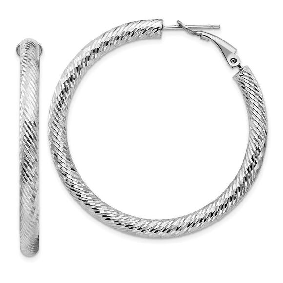 14k Yellow Gold 4x35mm White Gold Diamond-cut Round Omega Back Hoop Earrings